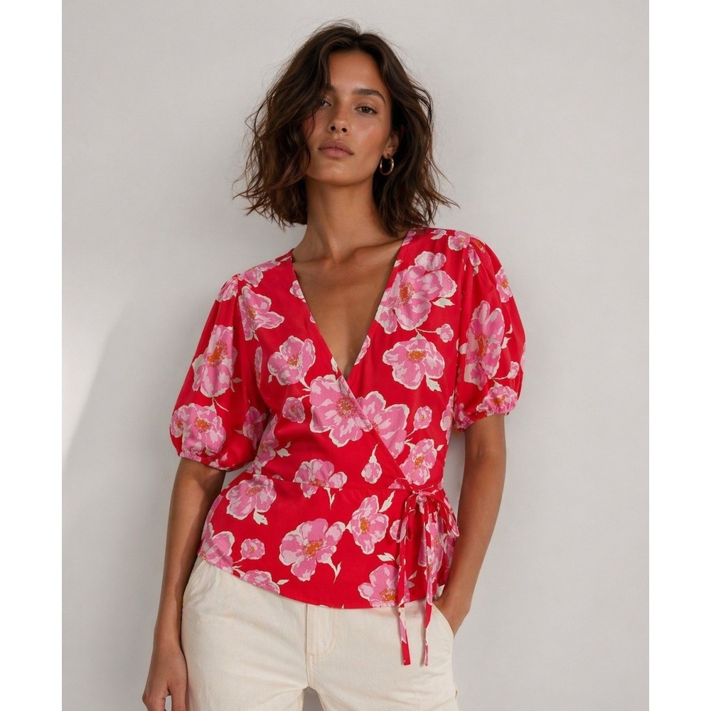 Old Navy Womens Floral Puff Sleeve Wrap Top XXL Red Pink Cotton Cottagecore